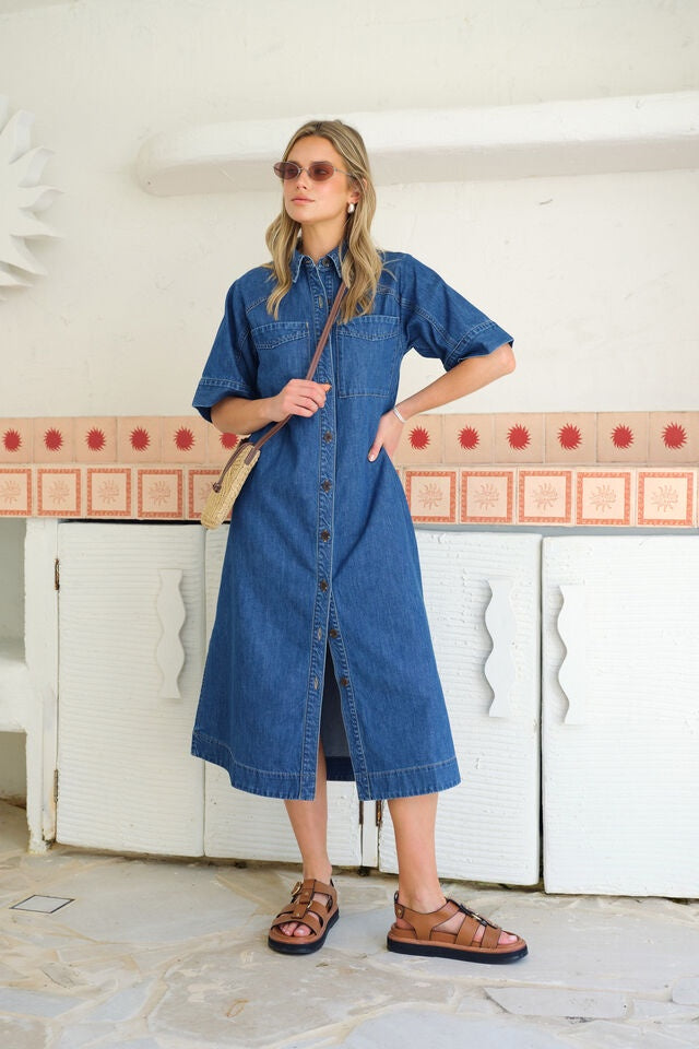 Ceres Life Ava Short Sleeve Yoke Detail Midi Dress