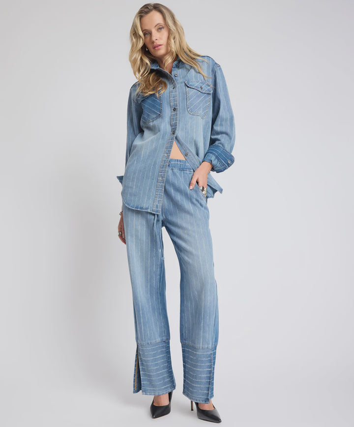BLUE STRIPE DISTRESSED EVERYDAY DENIM SHIRT from One Teaspoon
