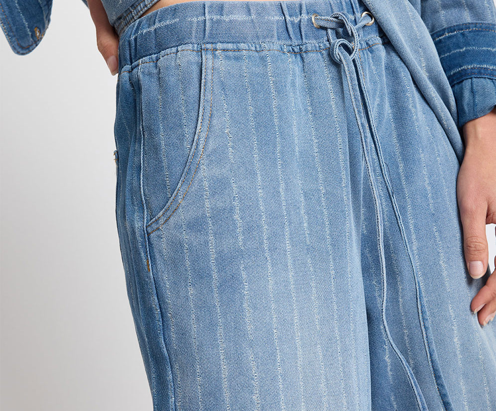 BLUE STRIPE ROADHOUSE MID WAIST WIDE LEG DRAWSTRING DENIM JEANS DETAIL