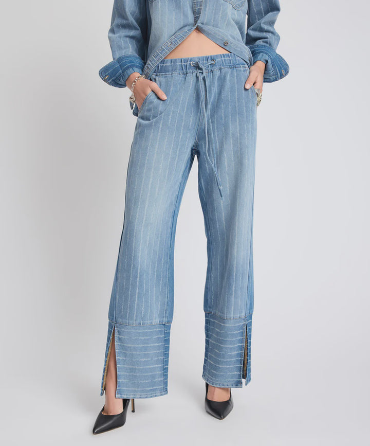 BLUE STRIPE ROADHOUSE MID WAIST WIDE LEG DRAWSTRING DENIM JEANS BY ONE TEASPOON