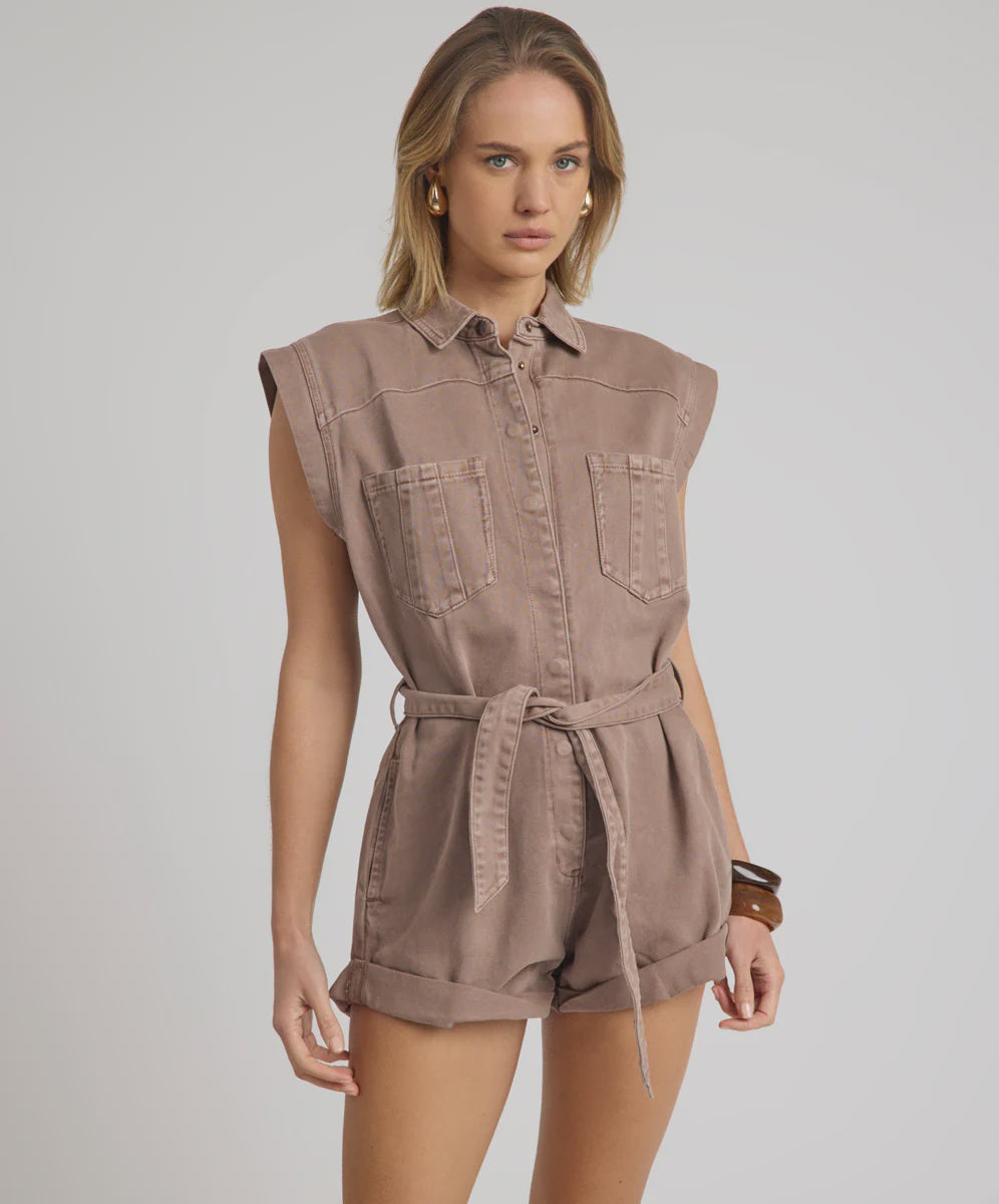 Bandit Aviator Mini Denim Jumpsuit in Espresso Brown from One Teaspoon