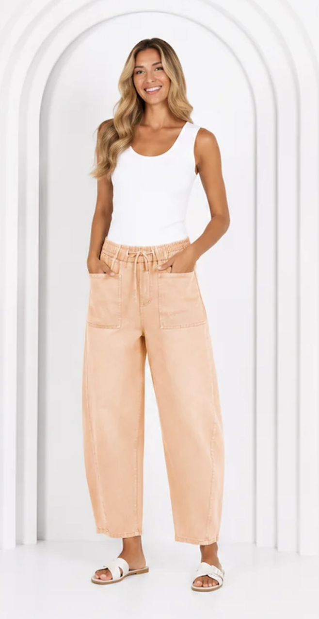 leo barrel jeans in sand blush by monaco denim