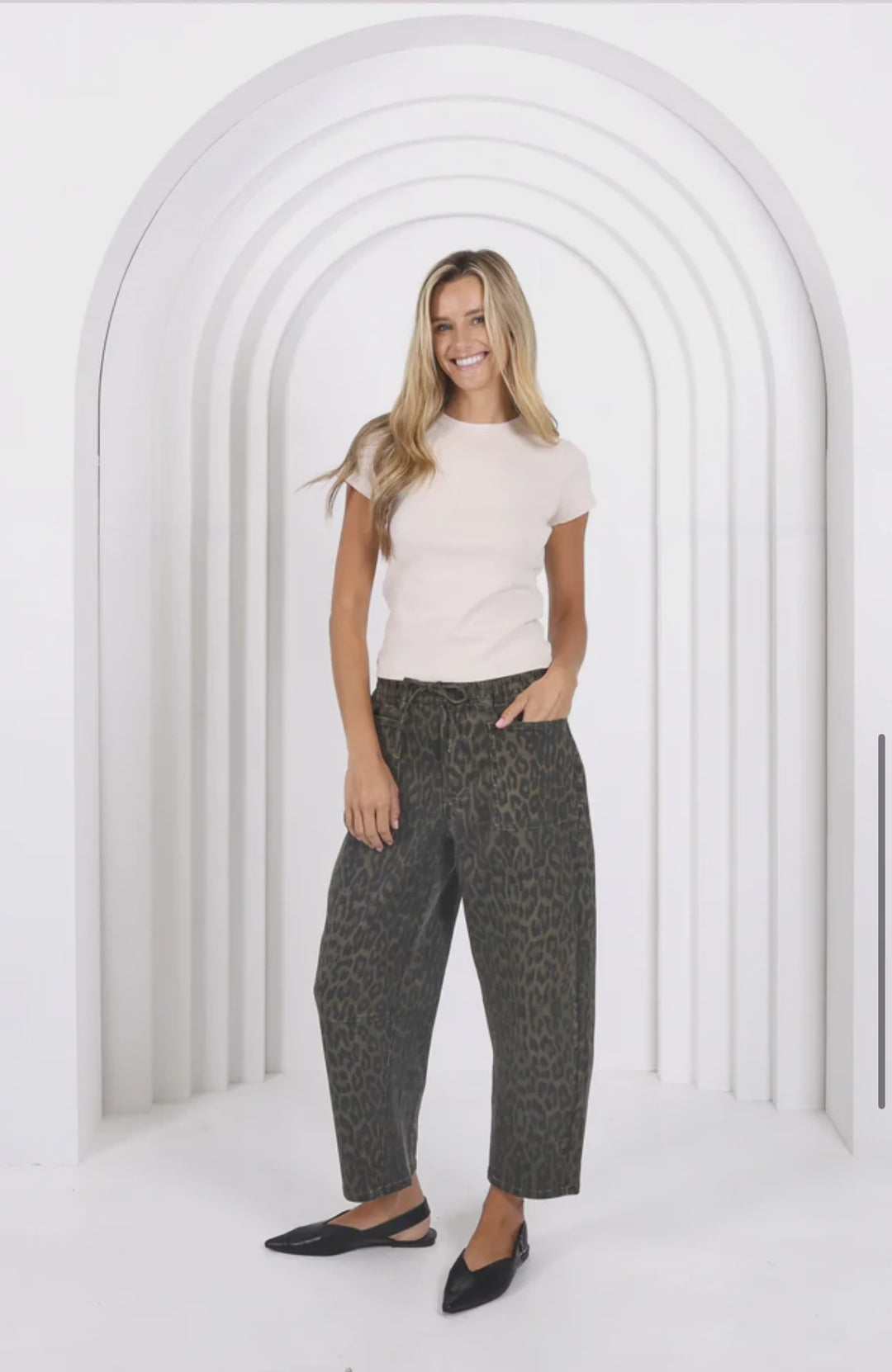 Leo Barrel Jeans in Khaki Leopard Print by Monaco Denim