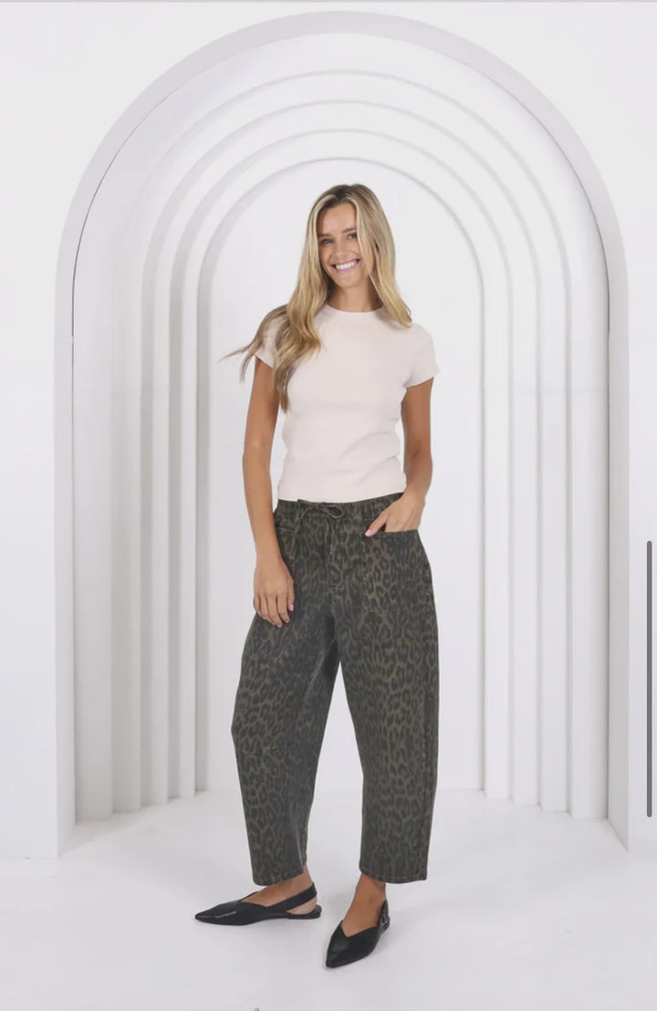 Leo Barrel Jeans in Khaki Leopard Print by Monaco Denim