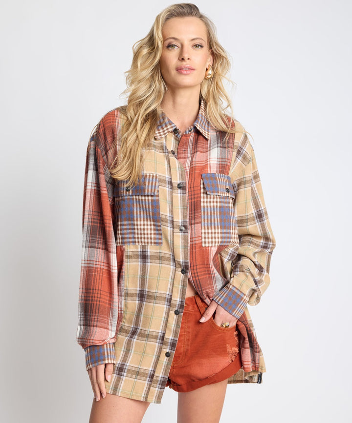 NATURAL CHECK ESSENTIAL PATCHWORK FLANNEL SHIRT