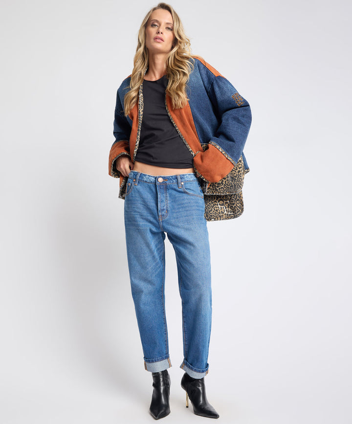 ONE TEASPOON ANIMAL BLUE RUST BANG BANG REVERSIBLE COLOUR BLOCKED DENIM WADDED JACKET FRONT DETAIL