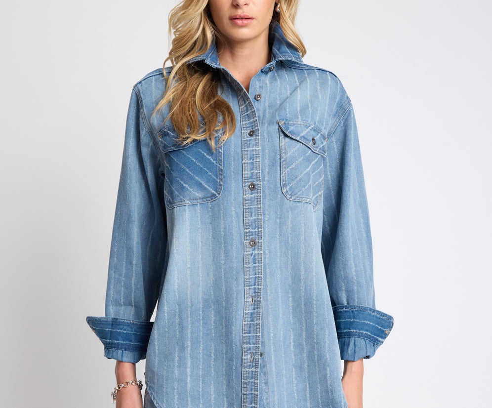ONE TEASPOON BLUE STRIPE DISTRESSED EVERYDAY DENIM SHIRT DETAIL