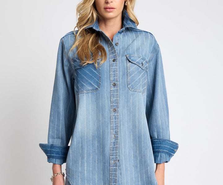 ONE TEASPOON BLUE STRIPE DISTRESSED EVERYDAY DENIM SHIRT DETAIL
