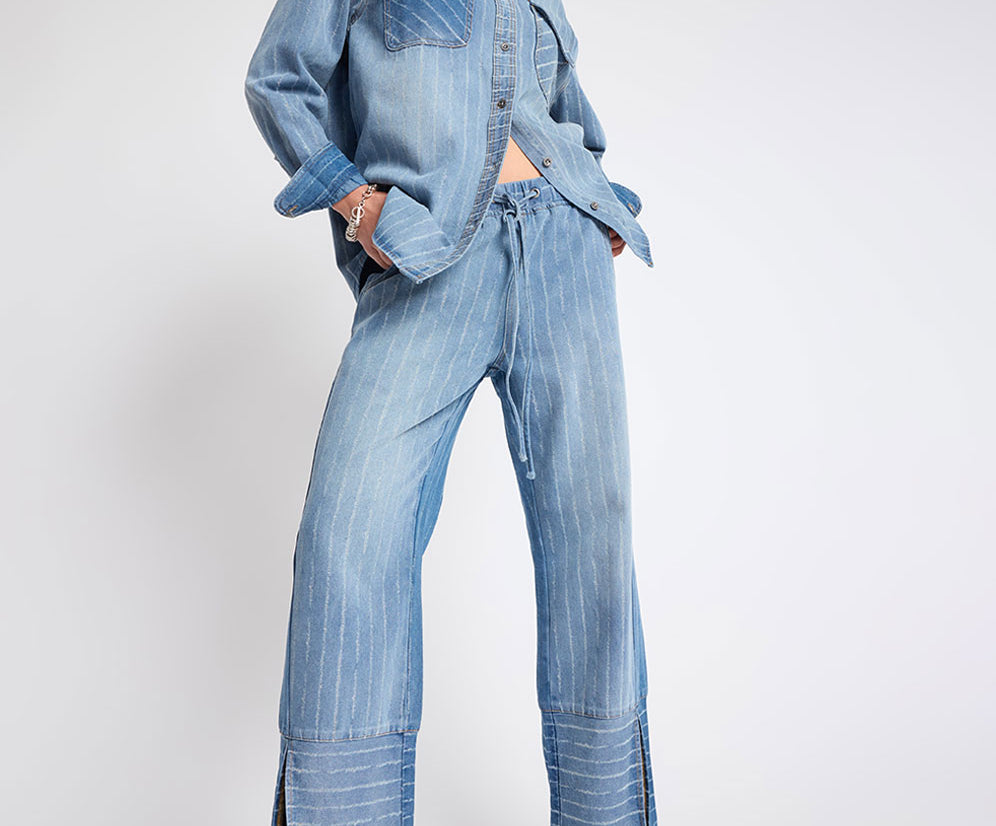 ONE TEASPOON BLUE STRIPE ROADHOUSE MID WAIST WIDE LEG DRAWSTRING DENIM JEANS 