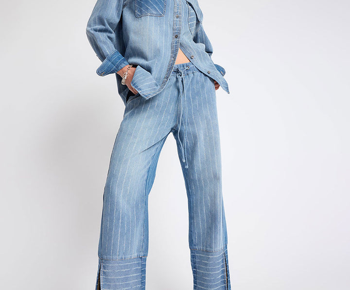 ONE TEASPOON BLUE STRIPE ROADHOUSE MID WAIST WIDE LEG DRAWSTRING DENIM JEANS 