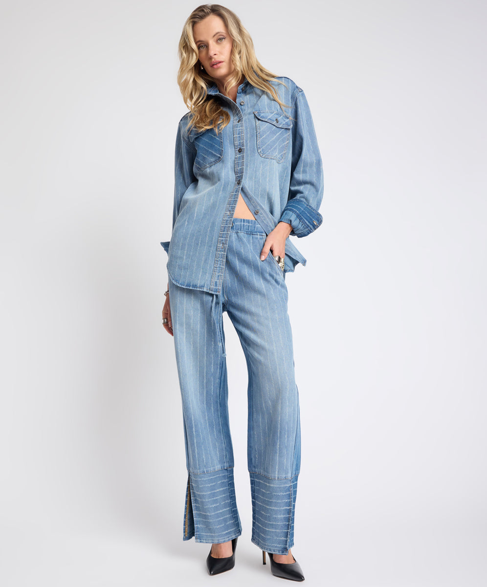 ONE TEASPOON BLUE STRIPE ROADHOUSE MID WAIST WIDE LEG DRAWSTRING DENIM JEANS ONE TEASPOON