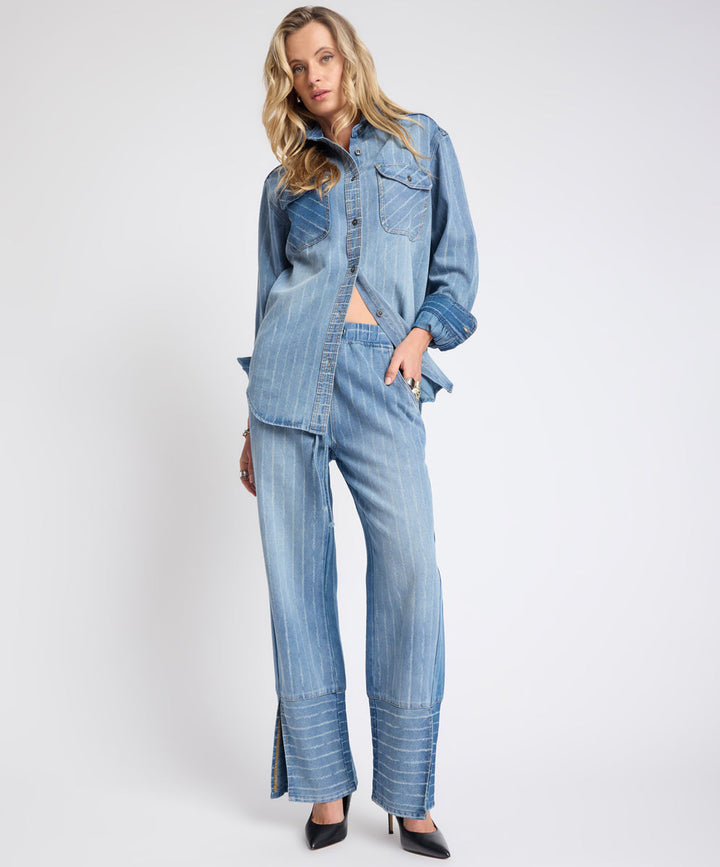 ONE TEASPOON BLUE STRIPE ROADHOUSE MID WAIST WIDE LEG DRAWSTRING DENIM JEANS ONE TEASPOON