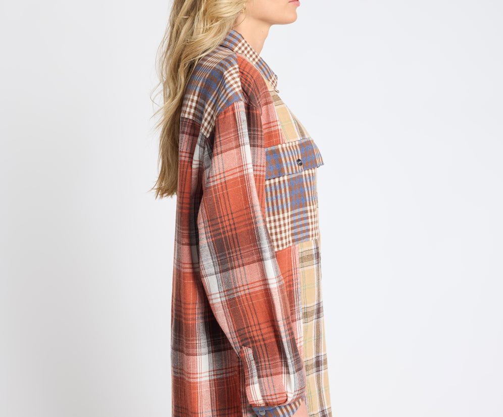 ONE TEASPOON NATURAL CHECK ESSENTIAL PATCHWORK FLANNEL SHIRT