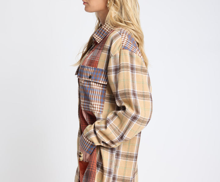 ONE TEASPOON NATURAL CHECK ESSENTIAL PATCHWORK FLANNEL SHIRT
