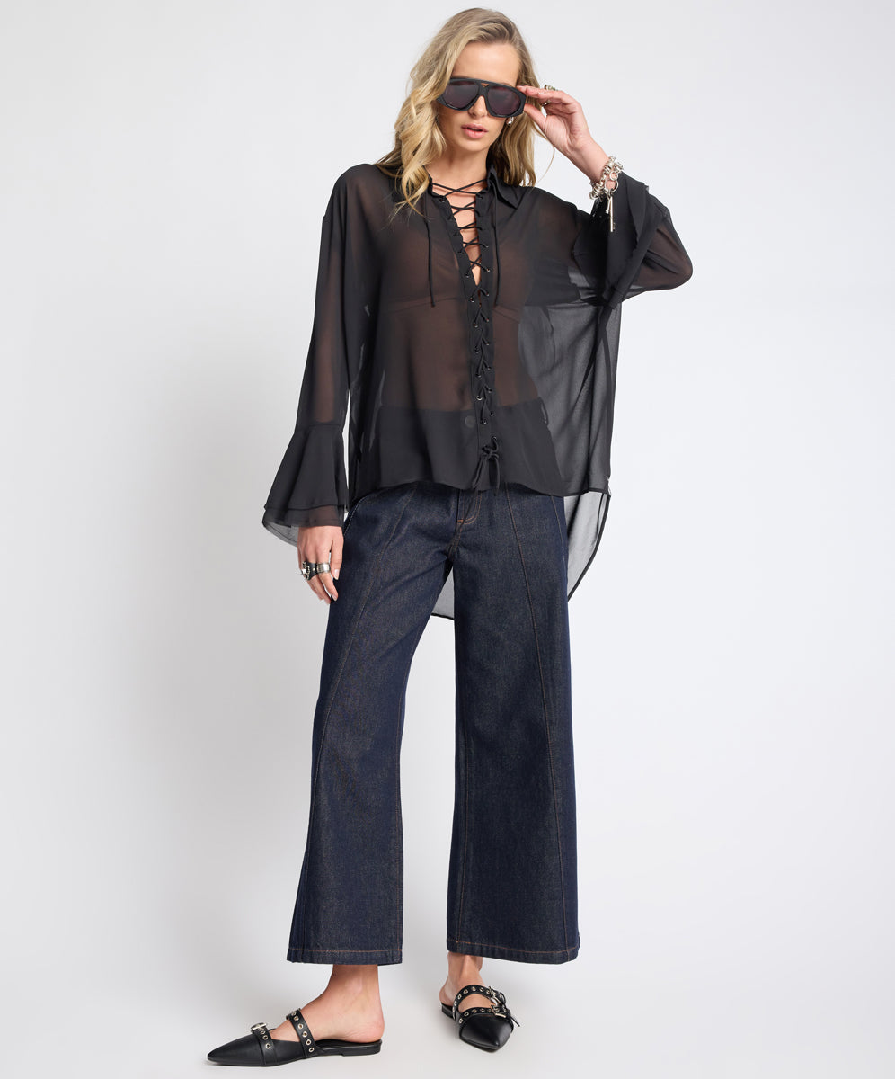  ONE TEASPOON RAW INDIGO HAYDEN MID WAIST WIDE LEG CROPPED DENIM JEANS
