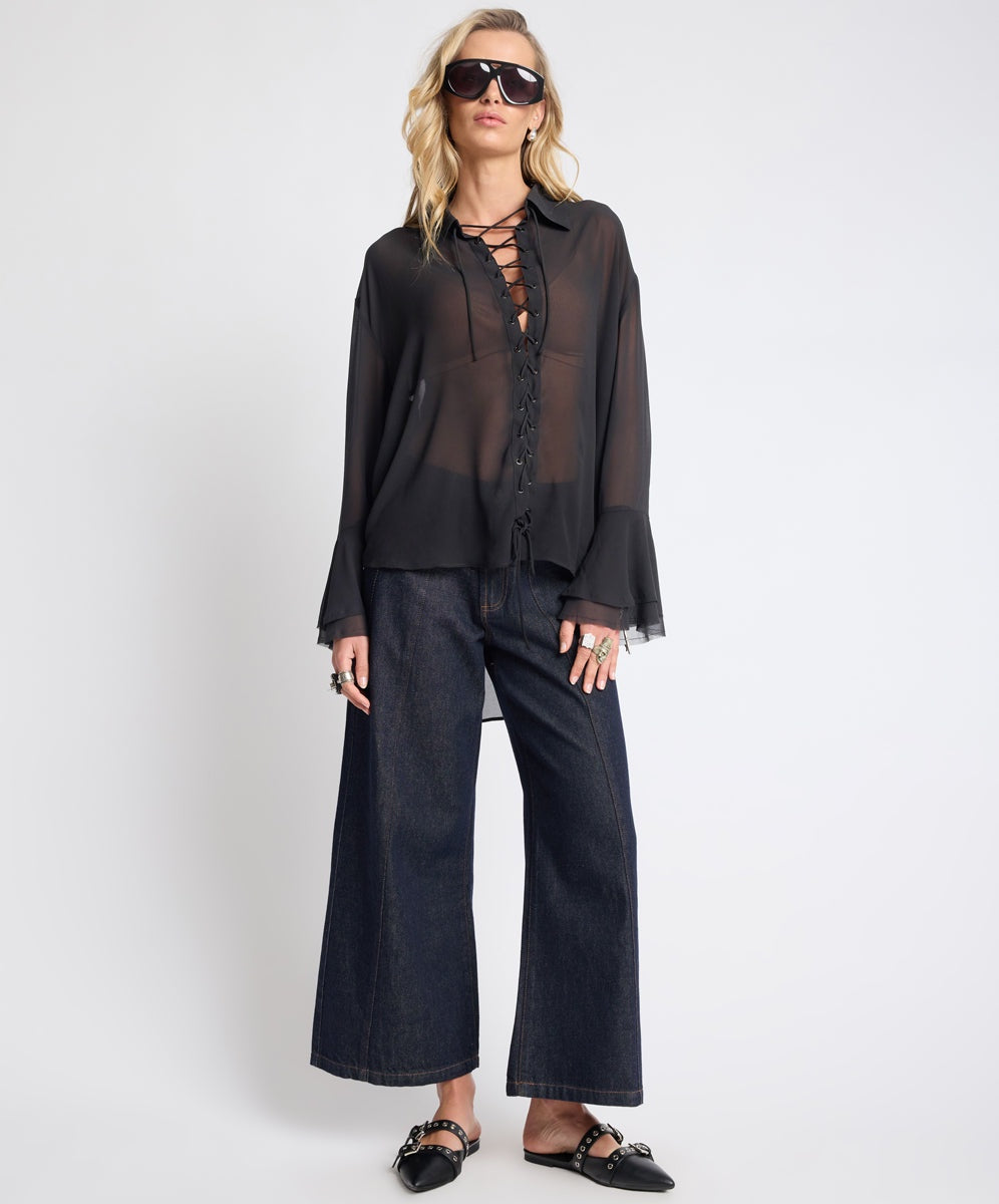  RAW INDIGO HAYDEN MID WAIST WIDE LEG CROPPED DENIM JEANS 
