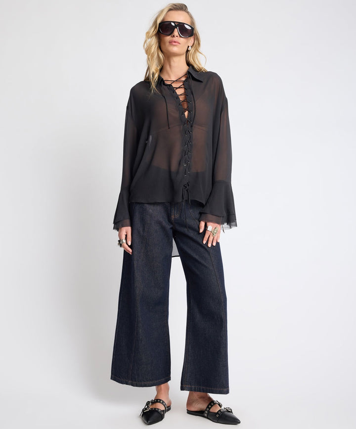  RAW INDIGO HAYDEN MID WAIST WIDE LEG CROPPED DENIM JEANS 