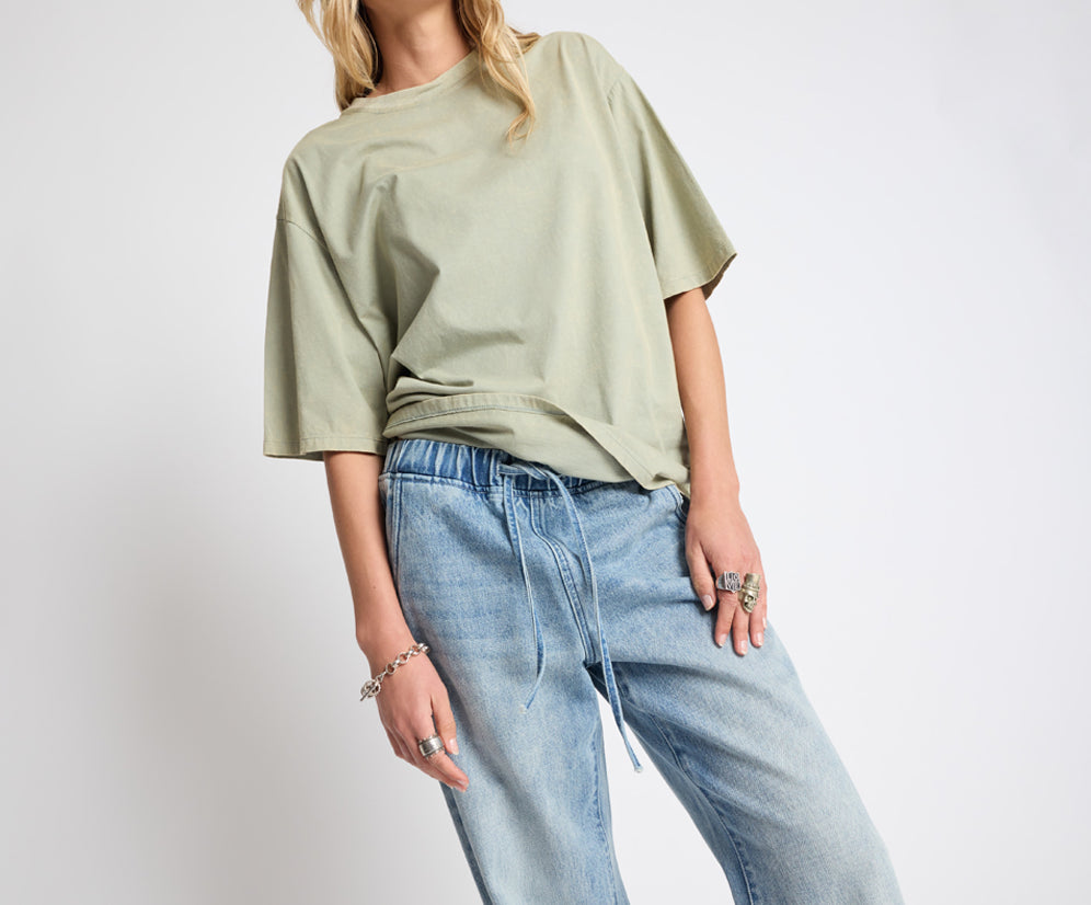 SALTY DOG ROADHOUSE MID WAIST WIDE LEG DRAWSTRING DENIM JEANS