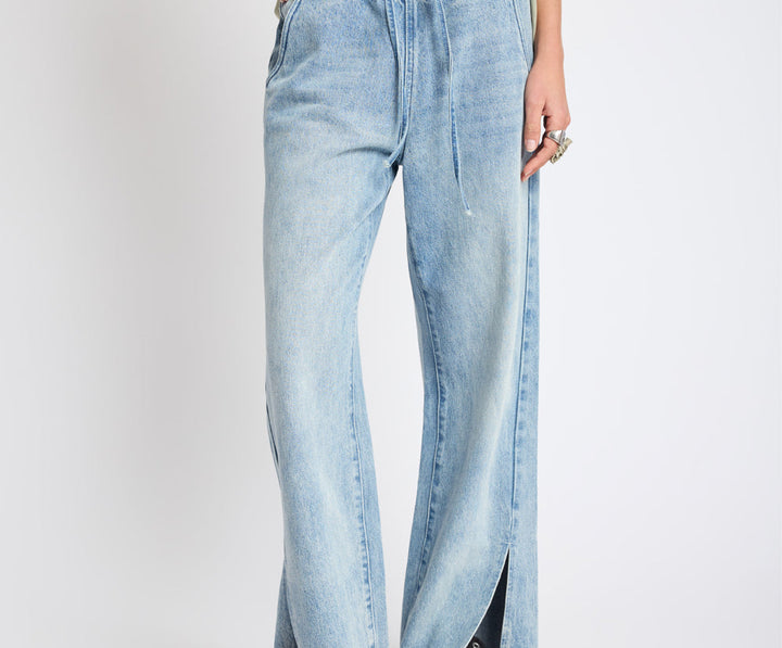 SALTY DOG ROADHOUSE MID WAIST WIDE LEG DRAWSTRING DENIM JEANS detail