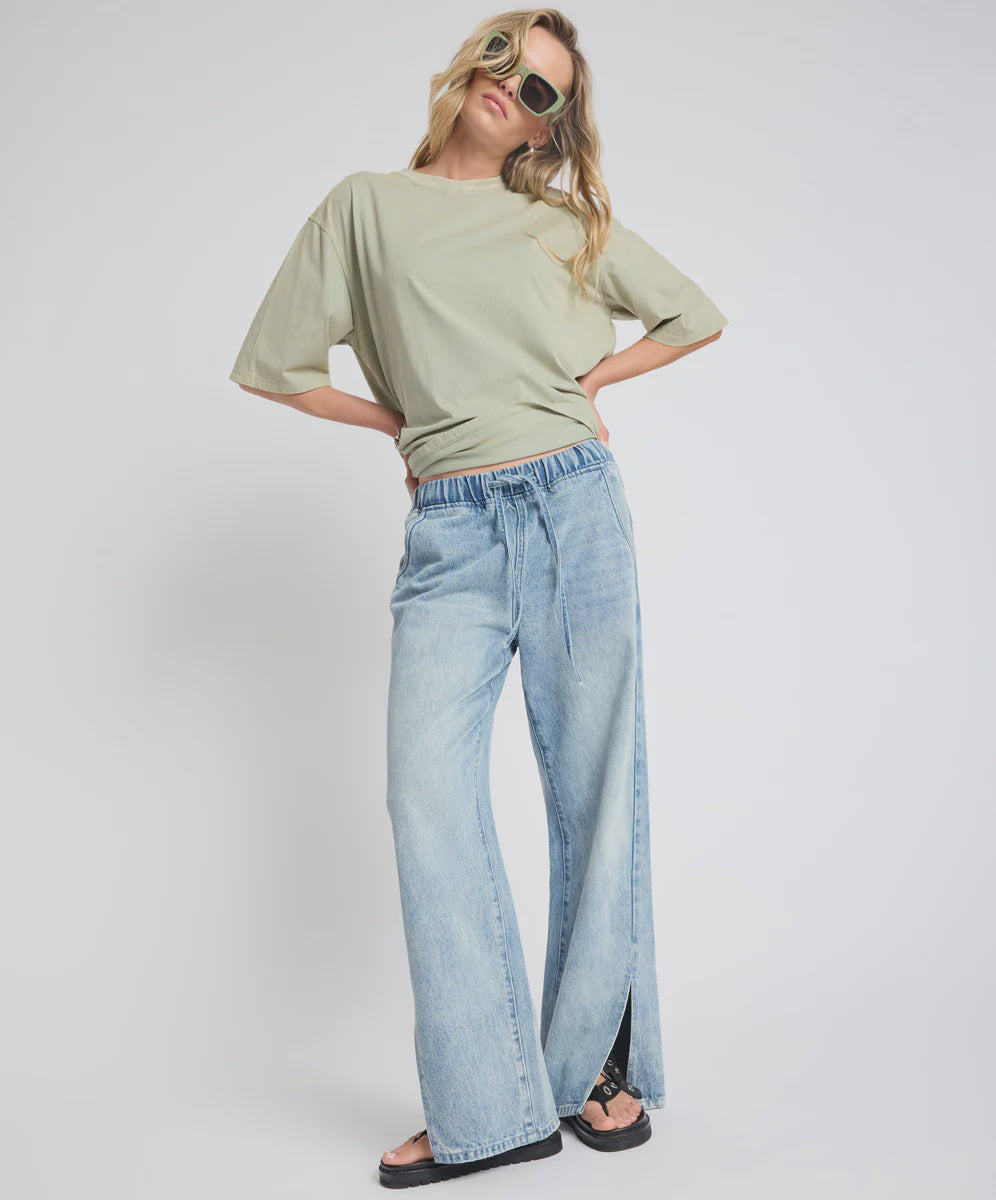  SALTY DOG ROADHOUSE MID WAIST WIDE LEG DRAWSTRING DENIM JEANS from One Teaspoon 