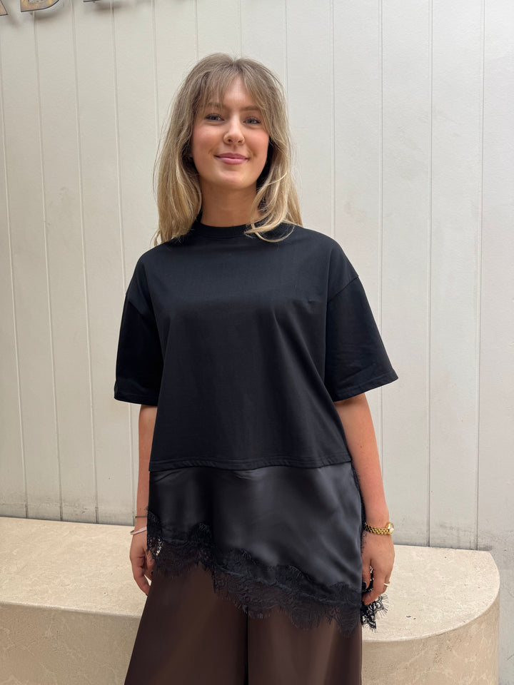 by frankie Satin Panel Lace Tee black