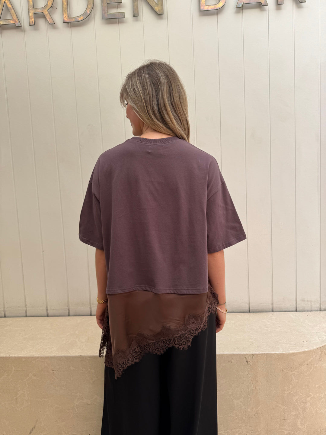 by frankie Satin Panel Lace Tee brown back detail