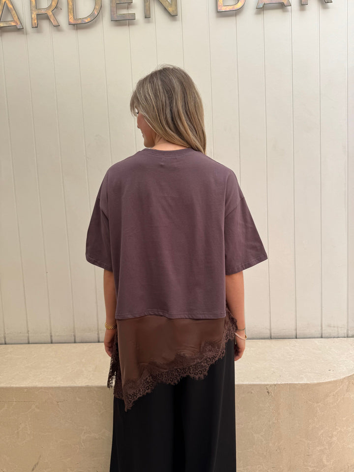 by frankie Satin Panel Lace Tee brown back detail