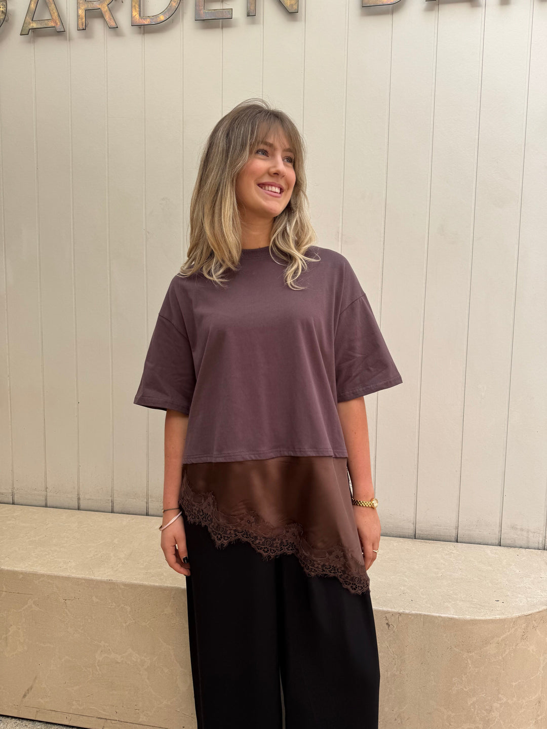 by frankie Satin Panel Lace Tee brown