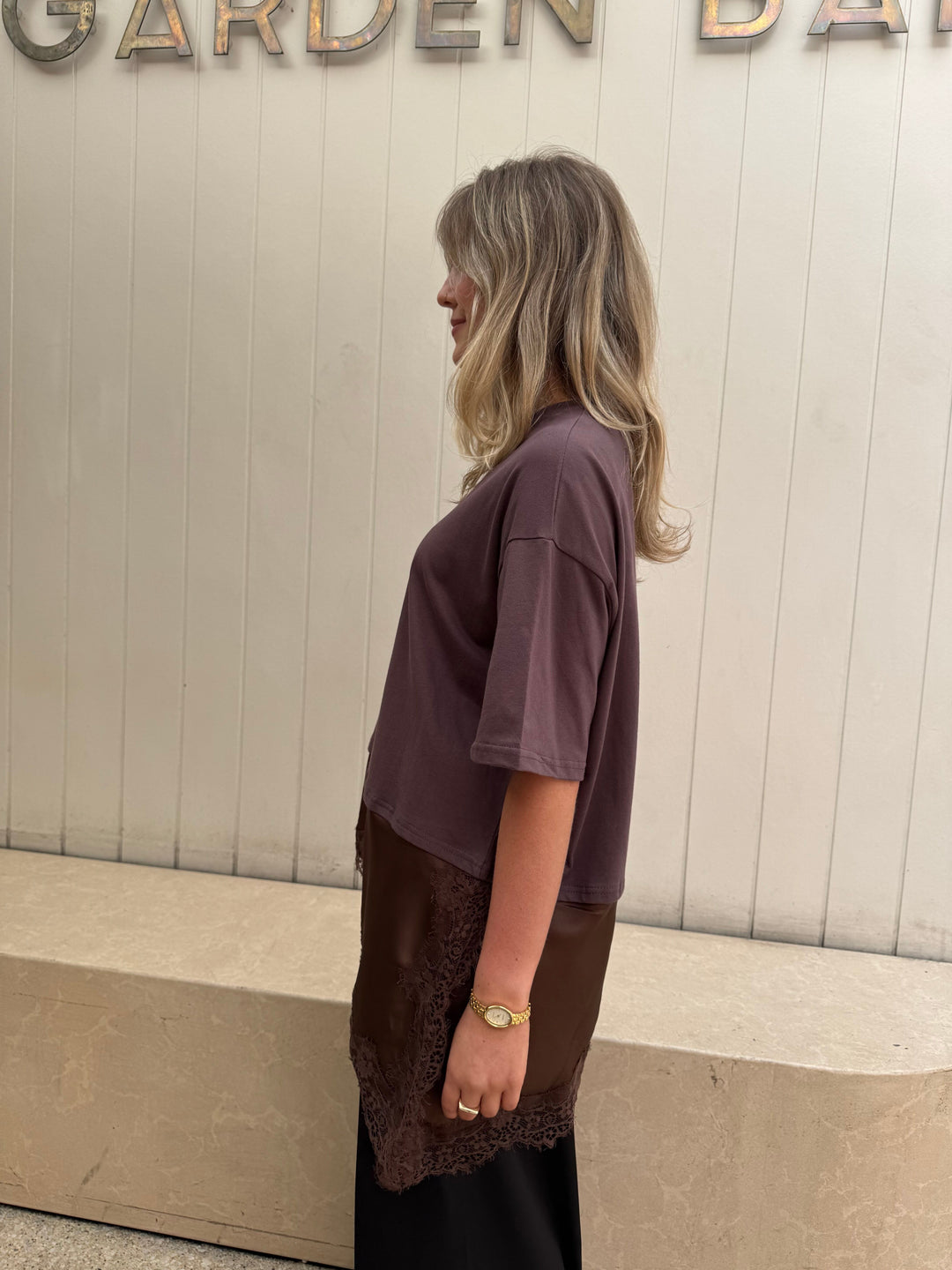 by frankie Satin Panel Lace Tee side detail