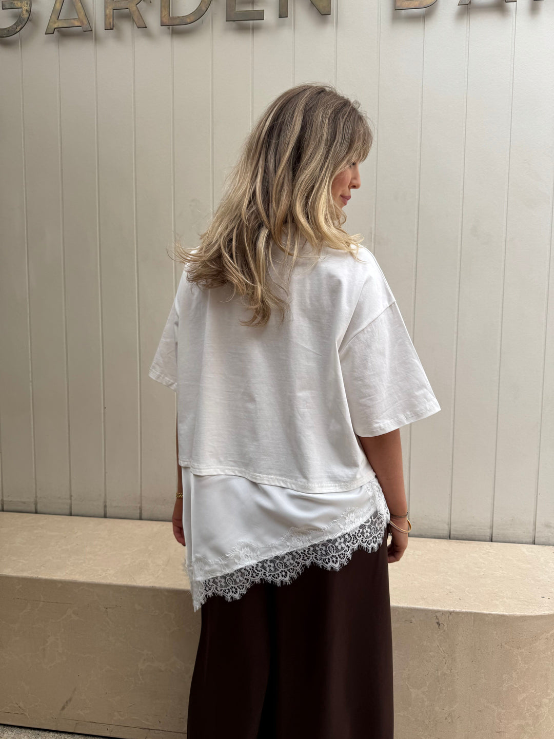 by frankie Satin Panel Lace Tee white back detail

