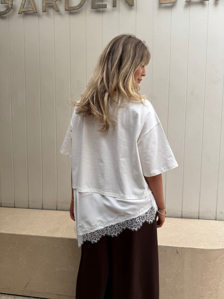 by frankie Satin Panel Lace Tee white back detail
