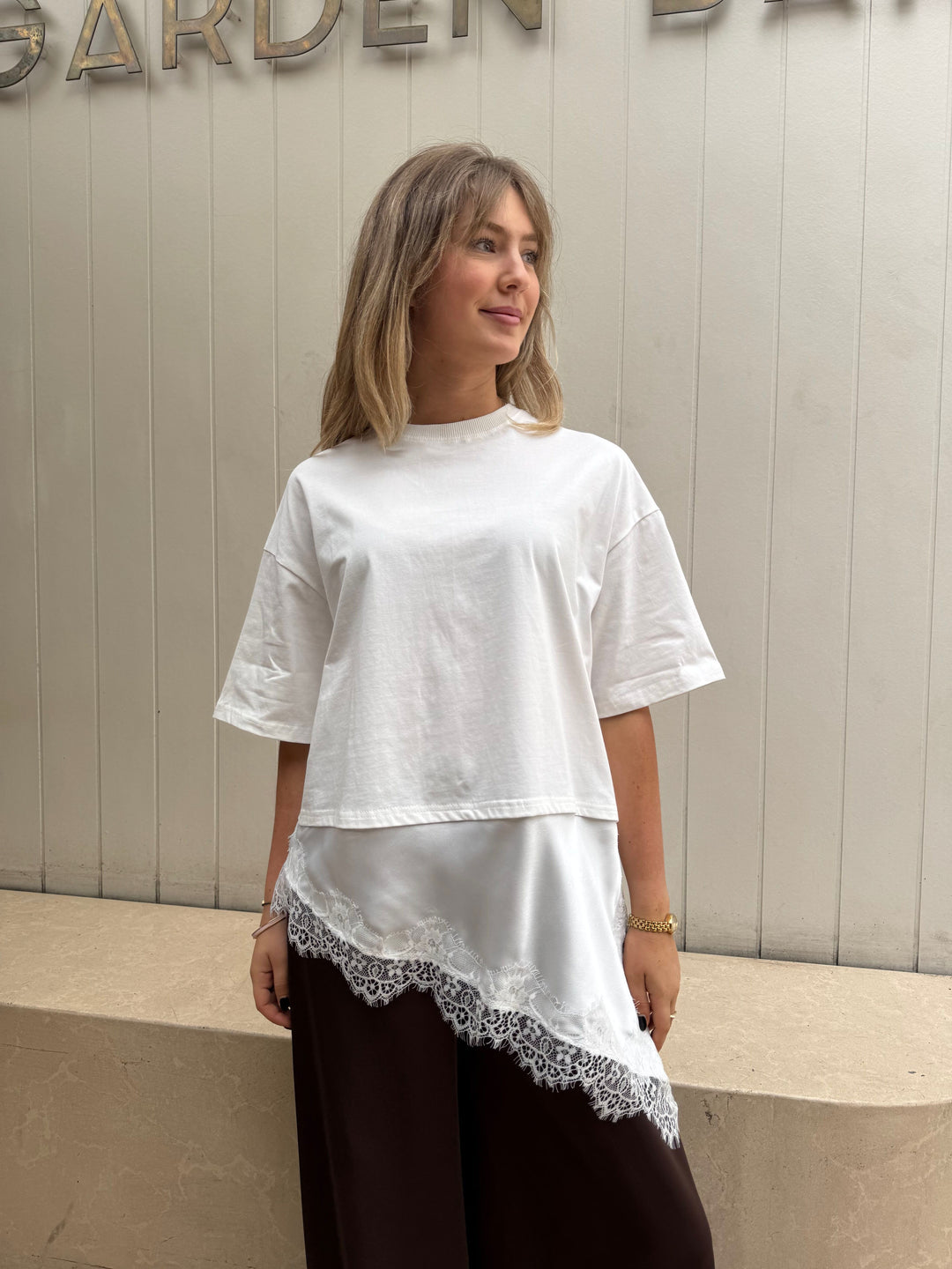 by frankie Satin Panel Lace Tee white