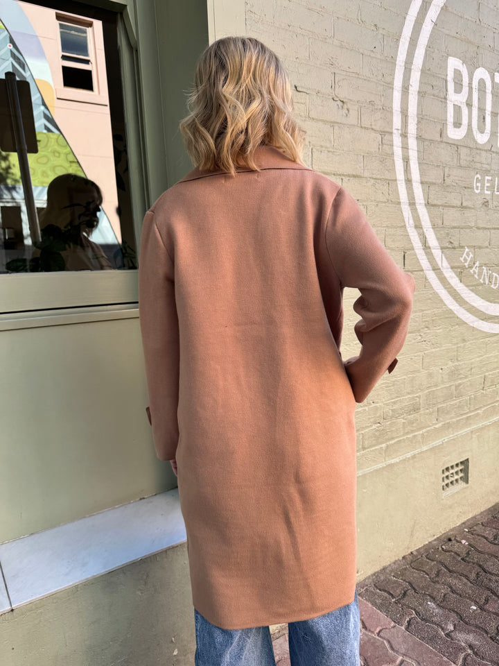 back of the Bridget Knit Coat in Camel from Sunny Girl
