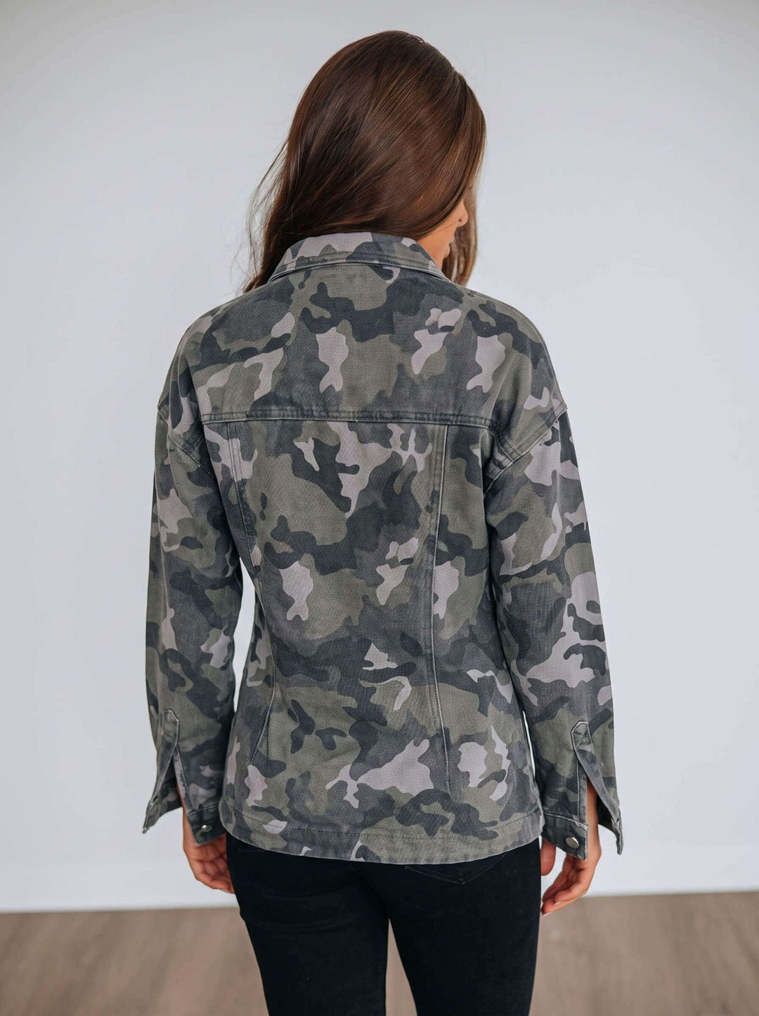 back detail camo denim shacket by smaibulun