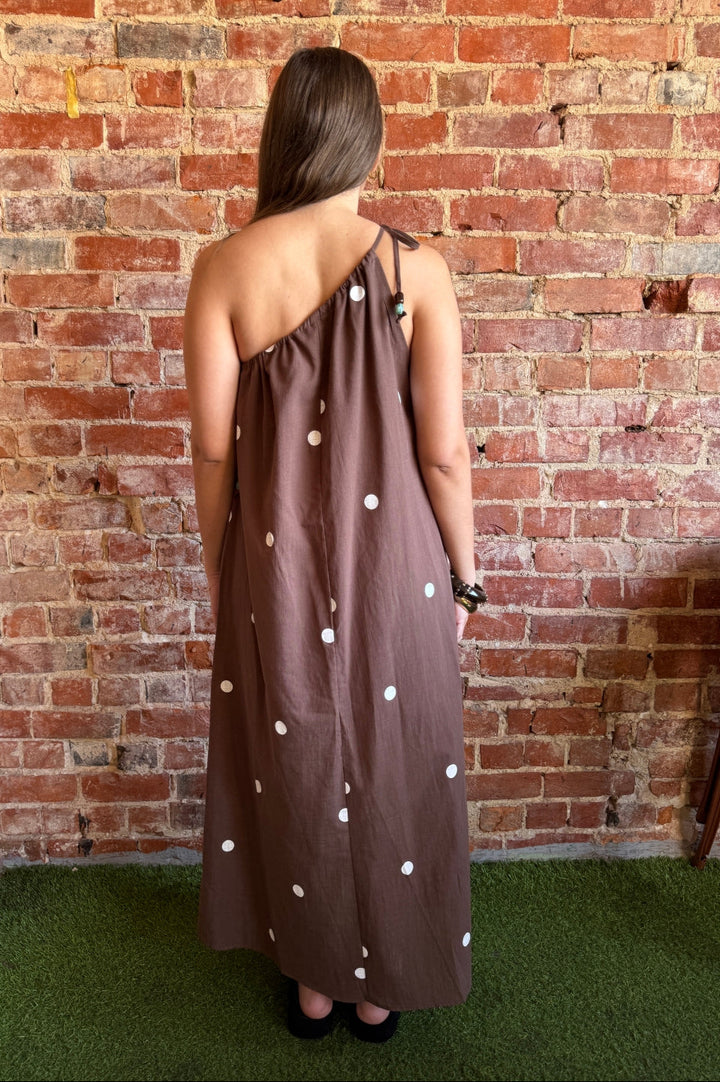 back detail of the Polka Dot Shoulder Dress from By Frankie