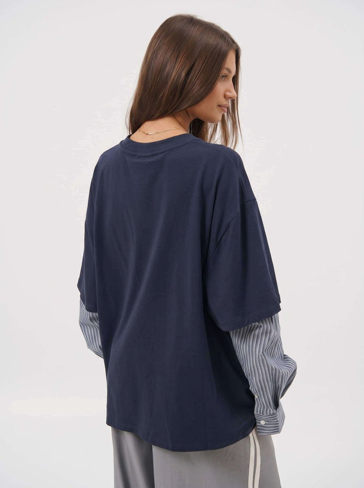 back detail of the navy tee with striped undershirt by smaibulun