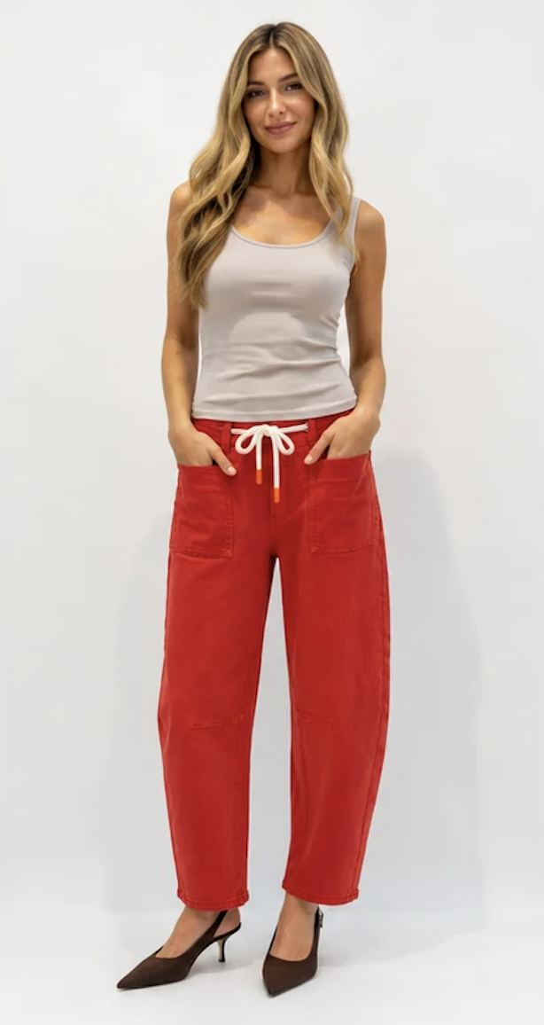 carter barrel jeans in poppy red by monaco denim