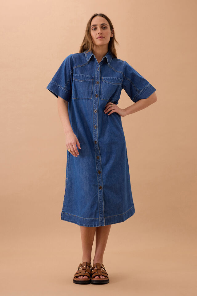 Ceres Life Ava Short Sleeve Yoke Detail Midi Dress front