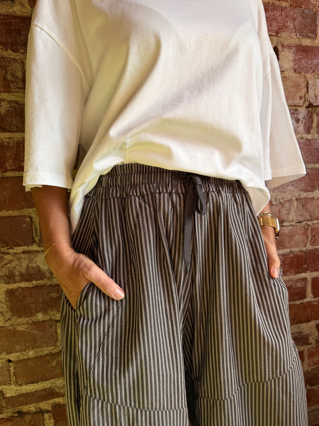 chocolate stripe red berry pants detail