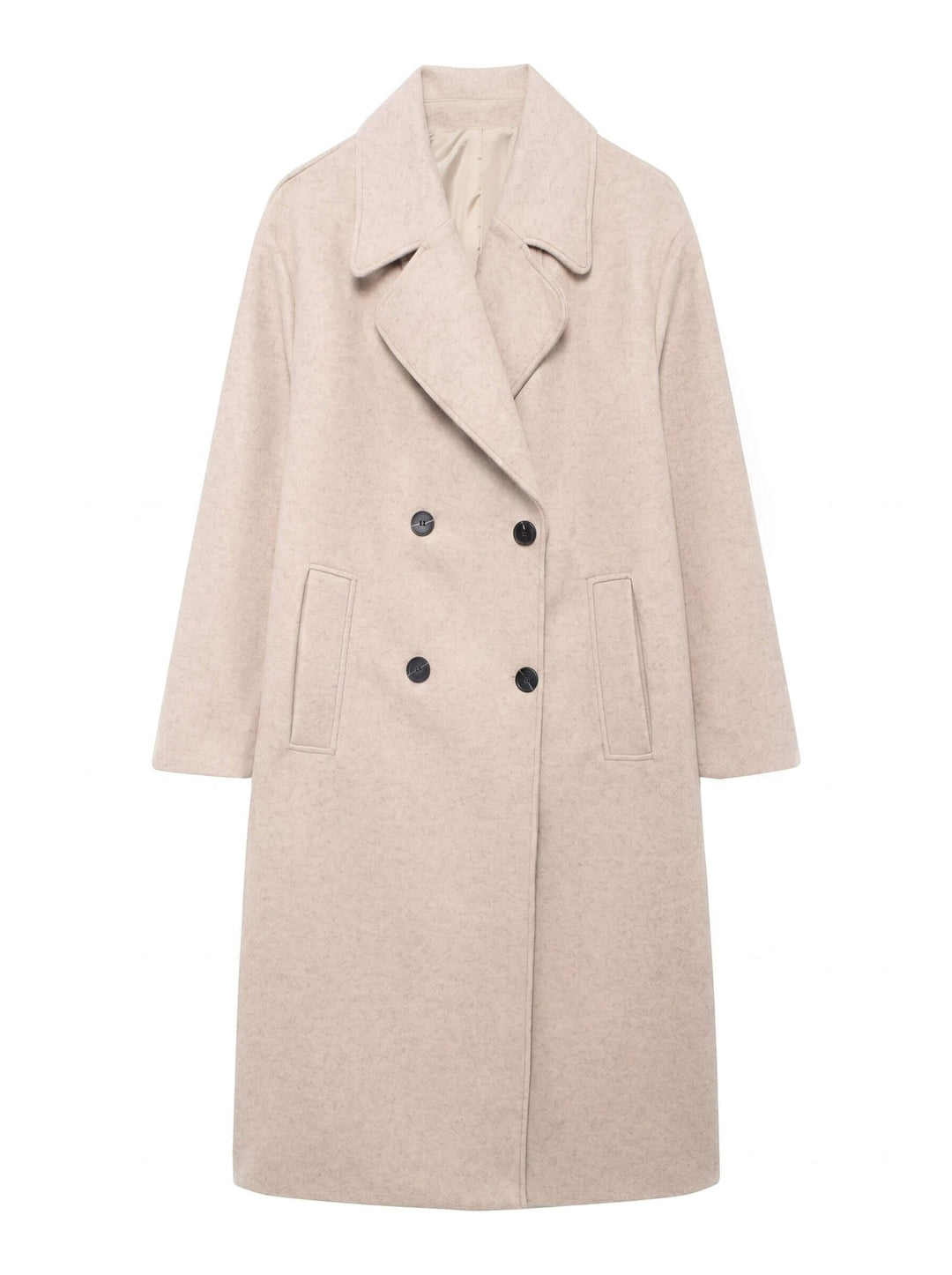 detail of the beige double breasted coat by smaibulun