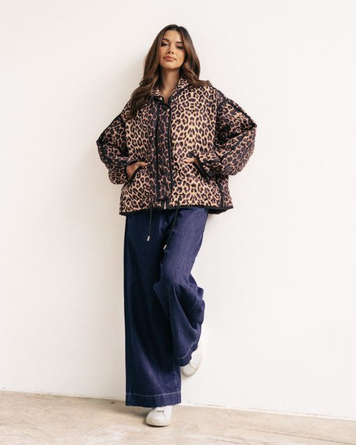 label of love puffer jacket in leopard print