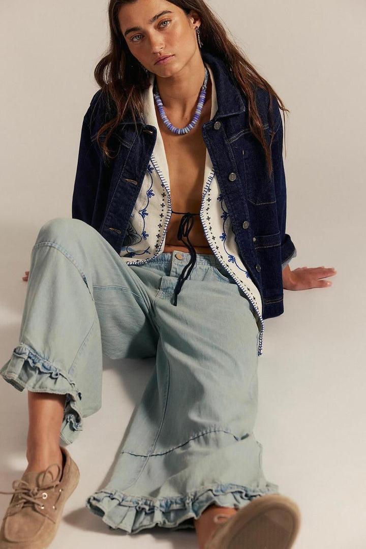 light denim frill hem pants by smaibulun