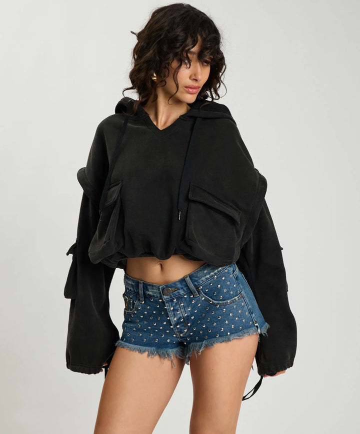 Puff Power Cropped Zip-Off Hoodie / Vintage Black