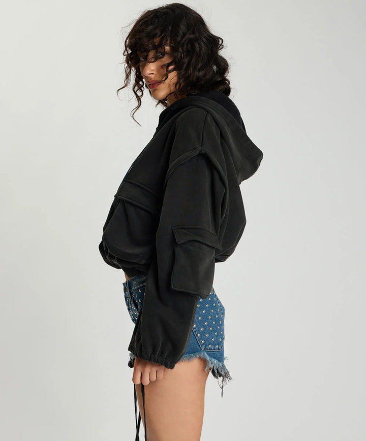 Puff Power Cropped Zip-Off Hoodie / Vintage Black