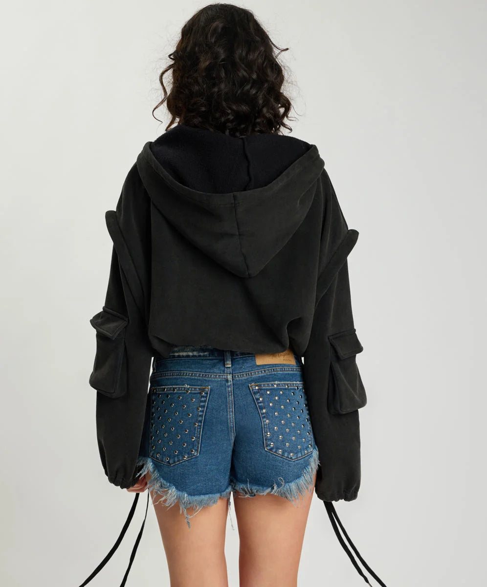 Puff Power Cropped Zip-Off Hoodie / Vintage Black
