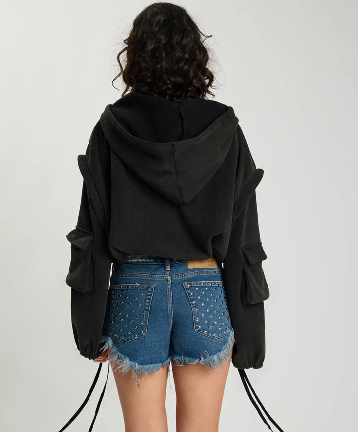 Puff Power Cropped Zip-Off Hoodie / Vintage Black