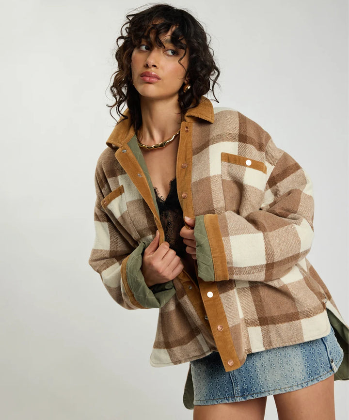 Vintage Padded Oversized Fleece Jacket / Tan Check