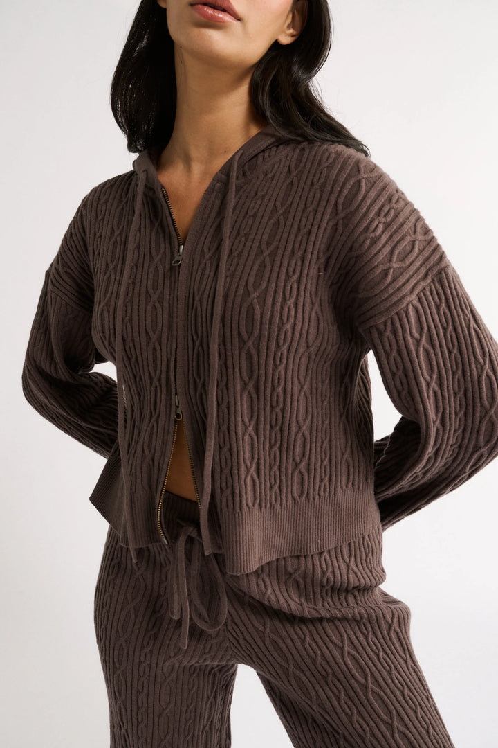 detail of the Katie Cable Knit Jacket in Chocolate from Primi