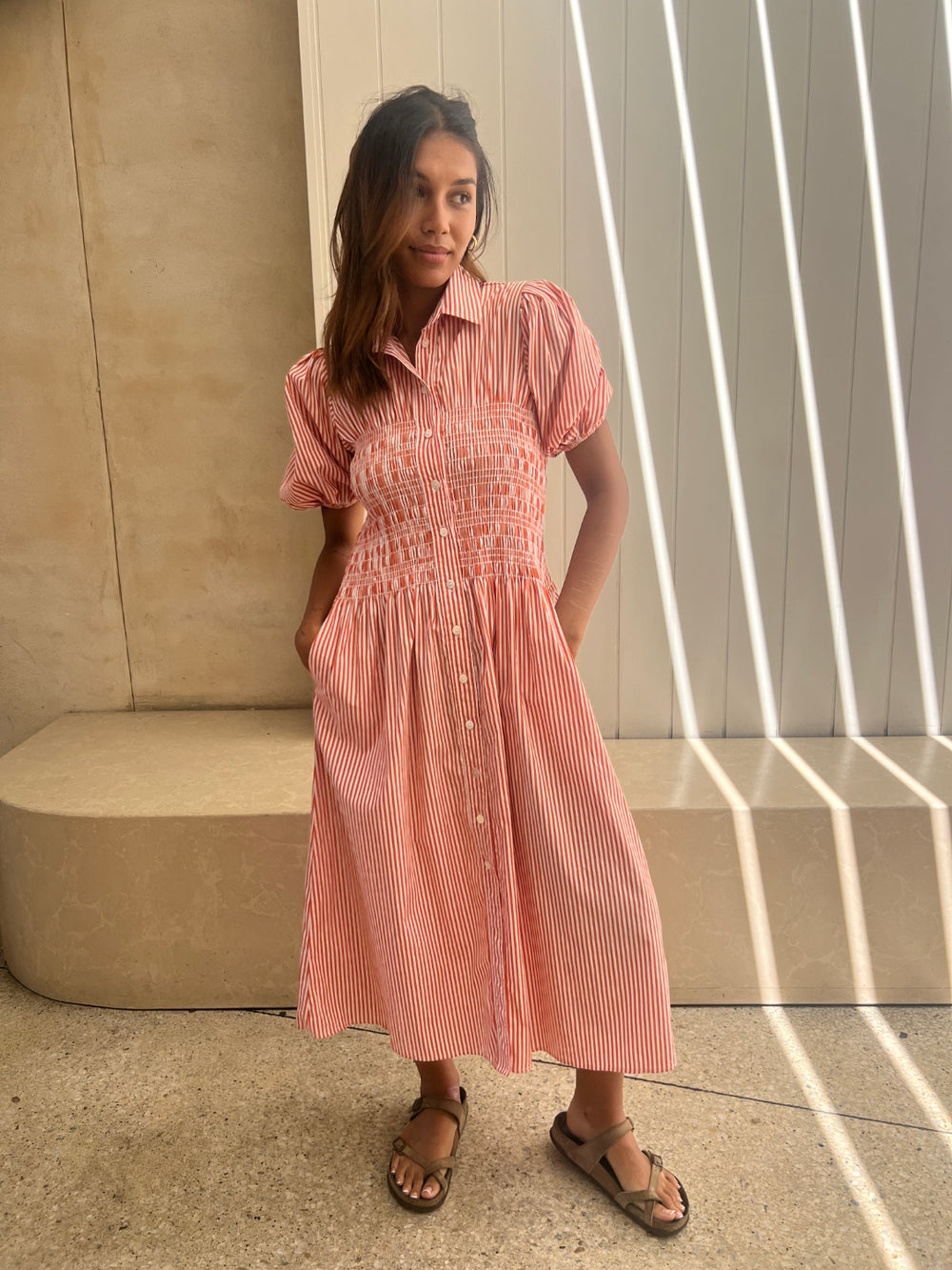 red stripe sunny girl shirt dress