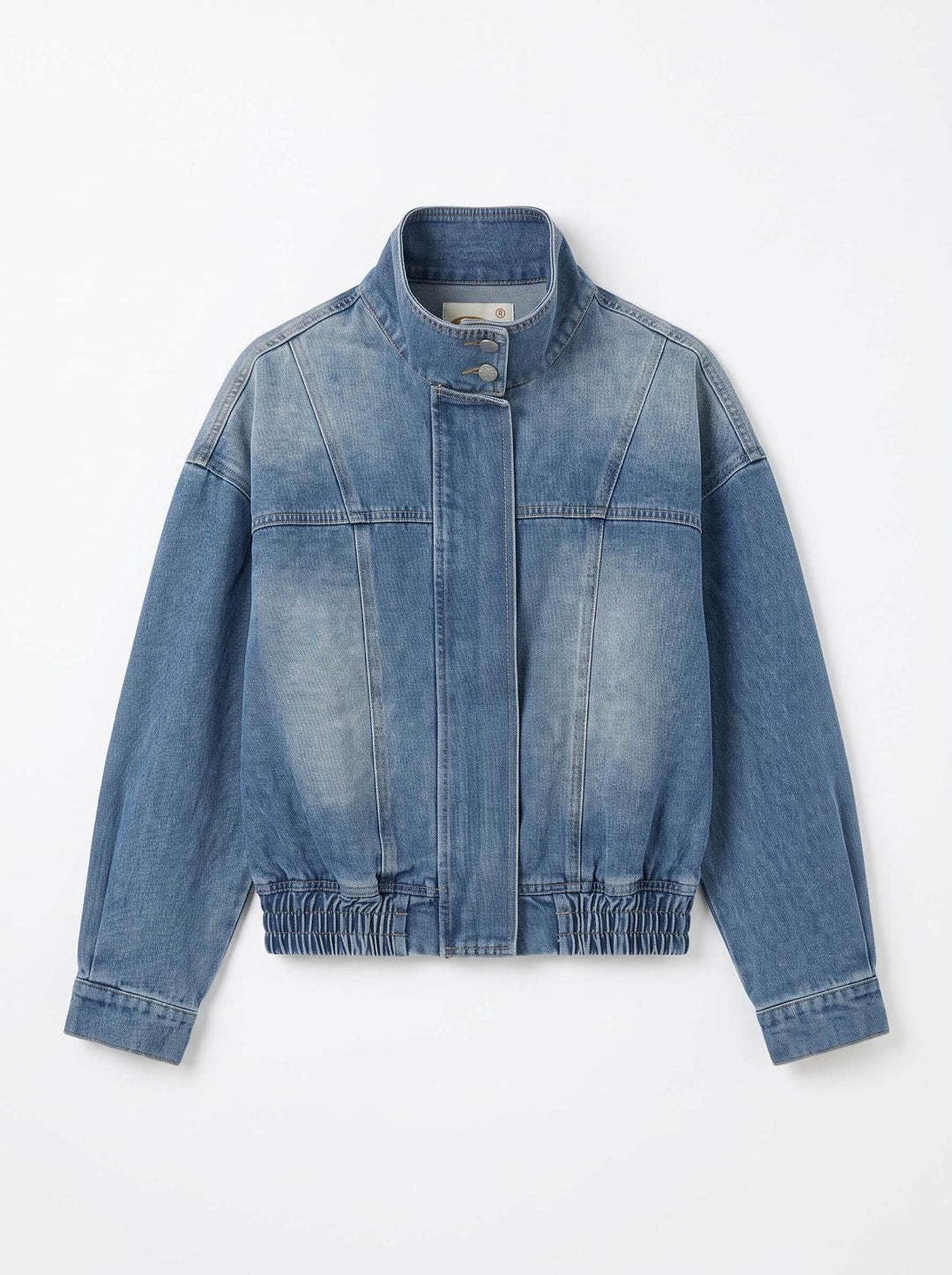 A light blue smaibulun denim jacket with a stand-up collar, button front, and elasticized hem, shown flat against a plain white background.